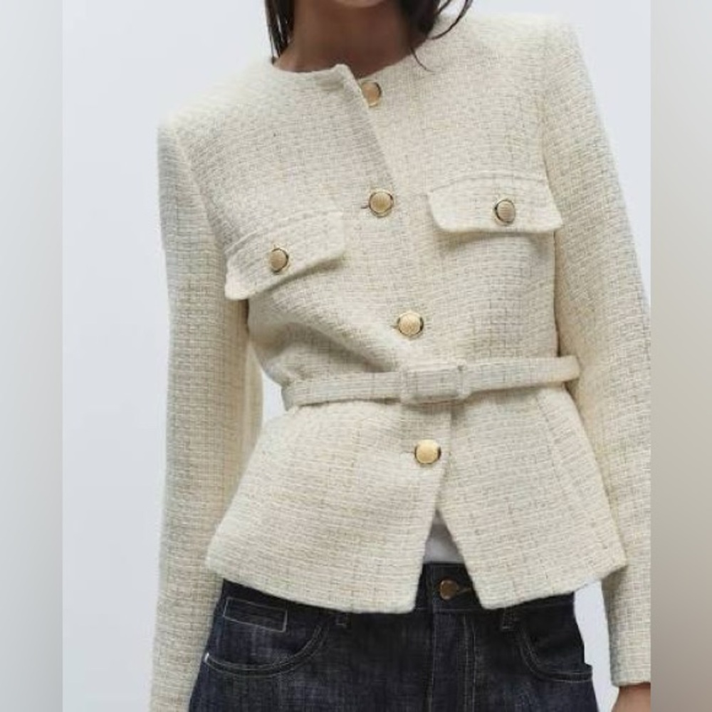 Zara Cream Tweed Blazer with Gold Buttons